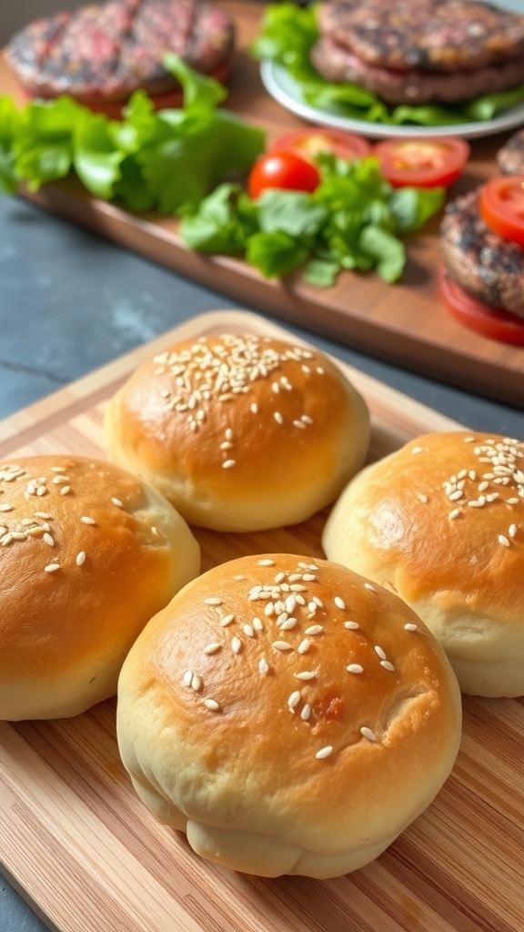 Four golden homemade hamburger buns with sesame seeds on a wooden board, surrounded by fresh burger ingredients.
